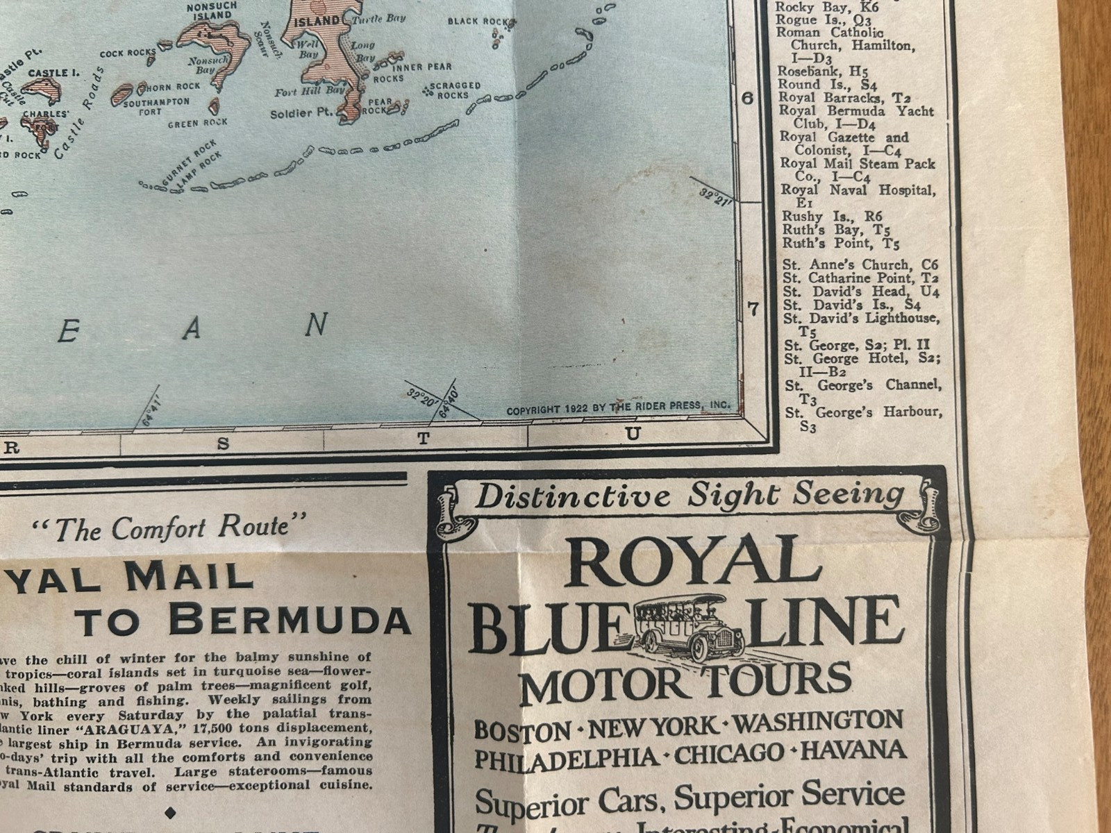 Vintage 1922 Rider’s Standard Map of the Bermuda Islands w/ Fold Out Map