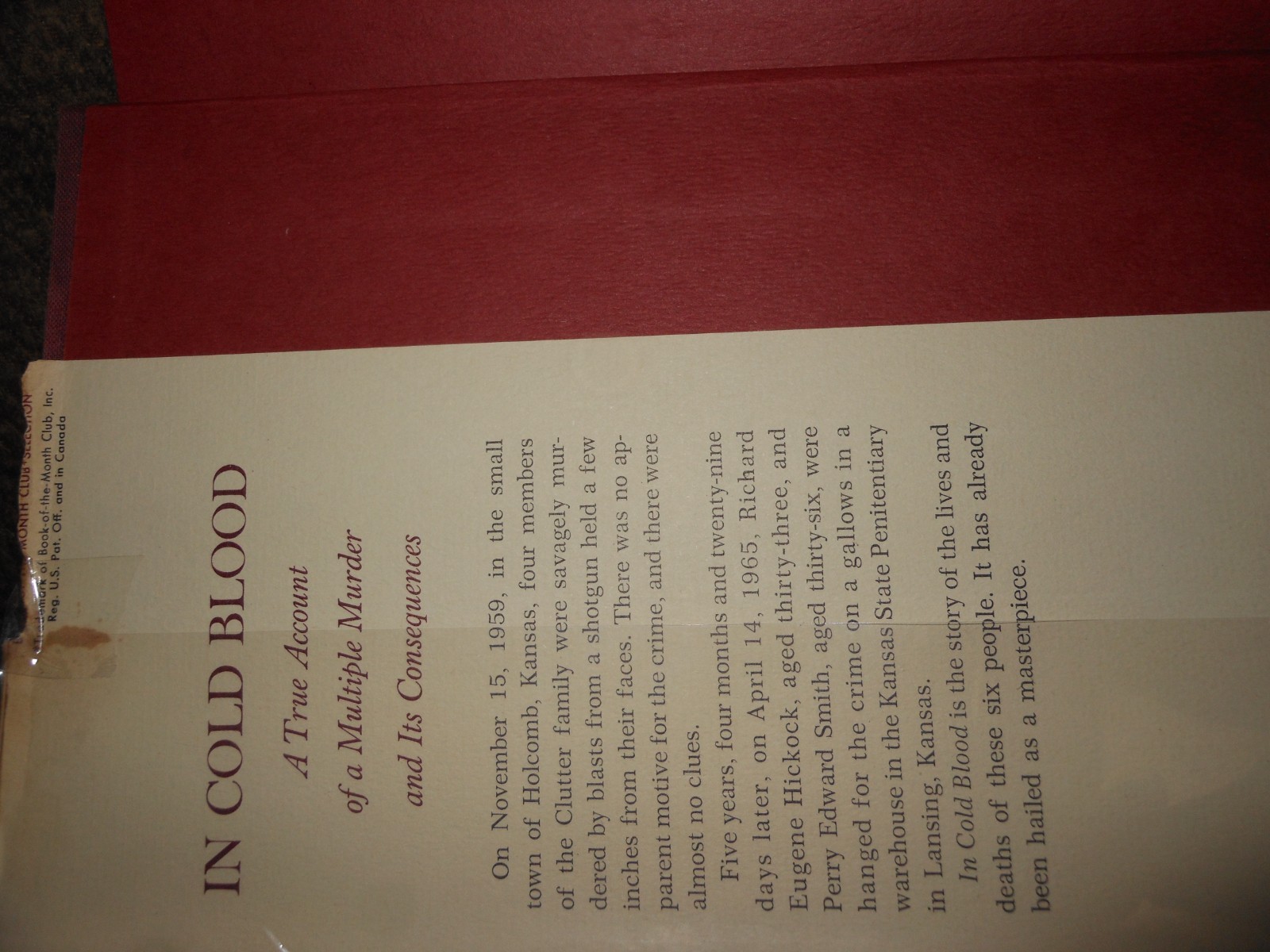 IN COLD BLOOD TRUMAN CAPOTE HCDJ FIRST BOOK MONTH CLUB EDITION WOLFF 1965 LINER