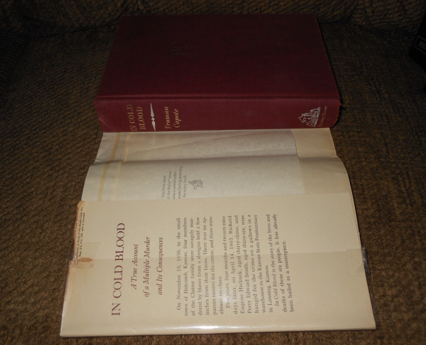 IN COLD BLOOD TRUMAN CAPOTE HCDJ FIRST BOOK MONTH CLUB EDITION WOLFF 1965 LINER
