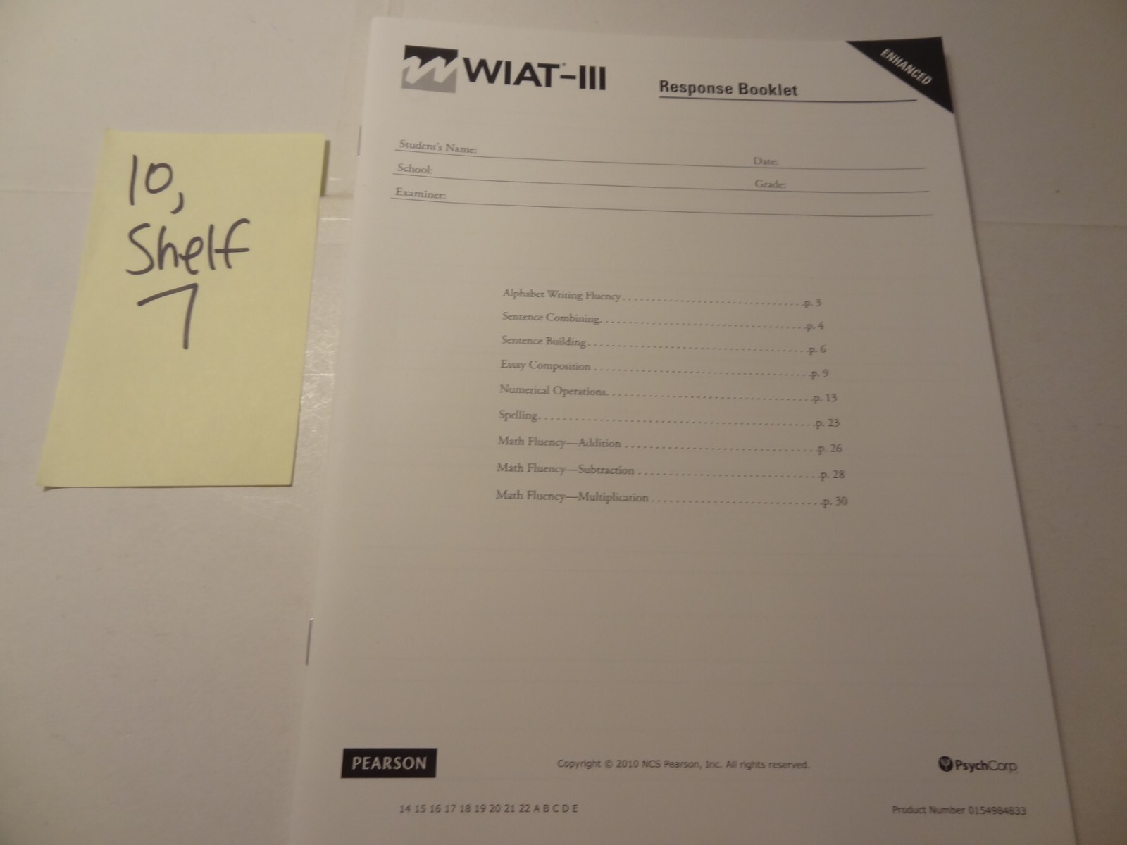 Wechsler Individual Achievement Test WIAT-III Enhanced Response Booklet as Shown