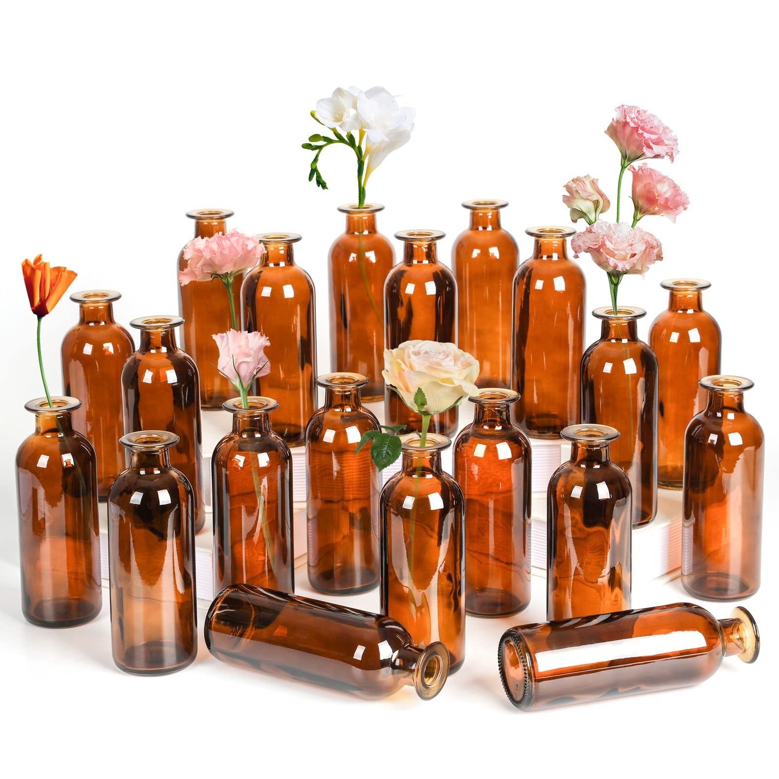 Amber Glass Bud Vase, 20 Pack 8 Oz Living Vases, Small Vases for Brown
