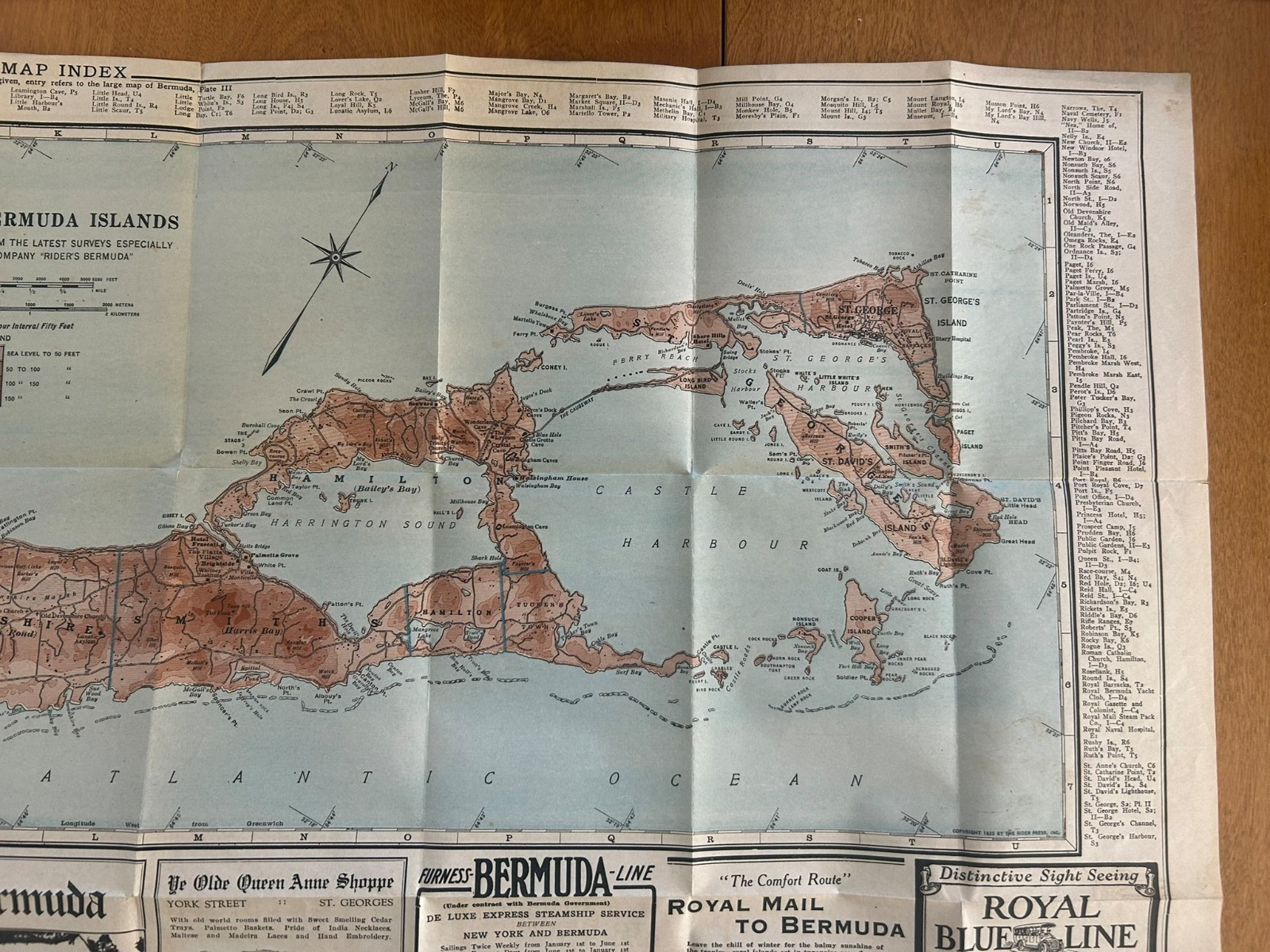 Vintage 1922 Rider’s Standard Map of the Bermuda Islands w/ Fold Out Map