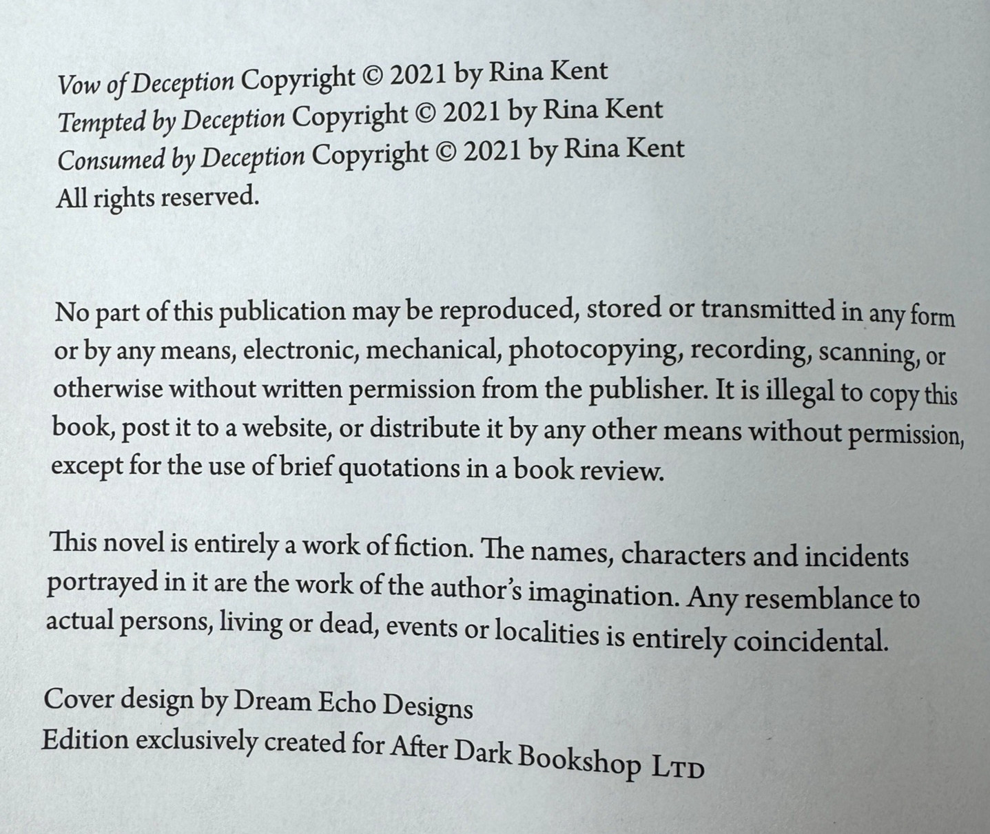 Rina Kent Deceptions Trilogy After Dark Bookshop Special Edition + Art Prints