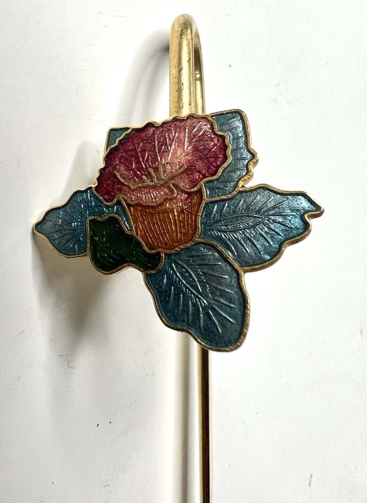 Vintage Cloisonne Flower Bookmark Gold Tone Metal Multicolor Red Pink Aqua