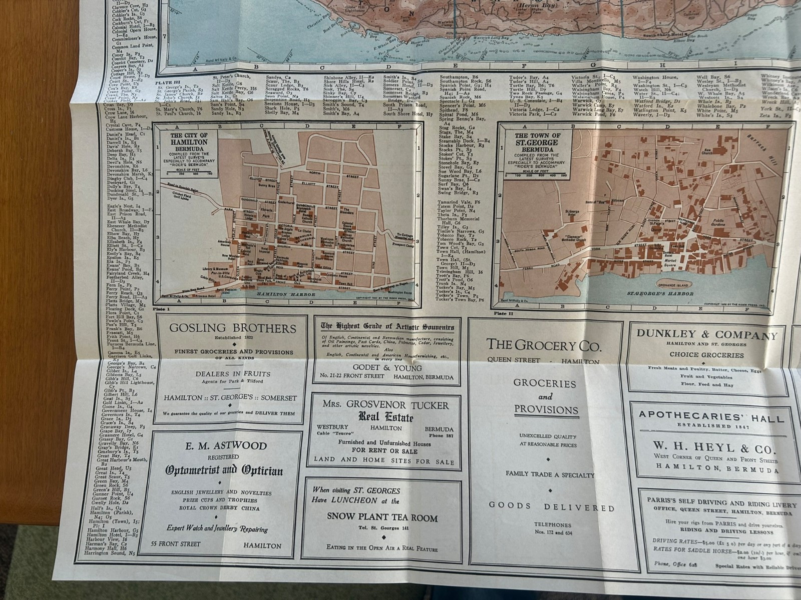 Vintage 1922 Rider’s Standard Map of the Bermuda Islands w/ Fold Out Map