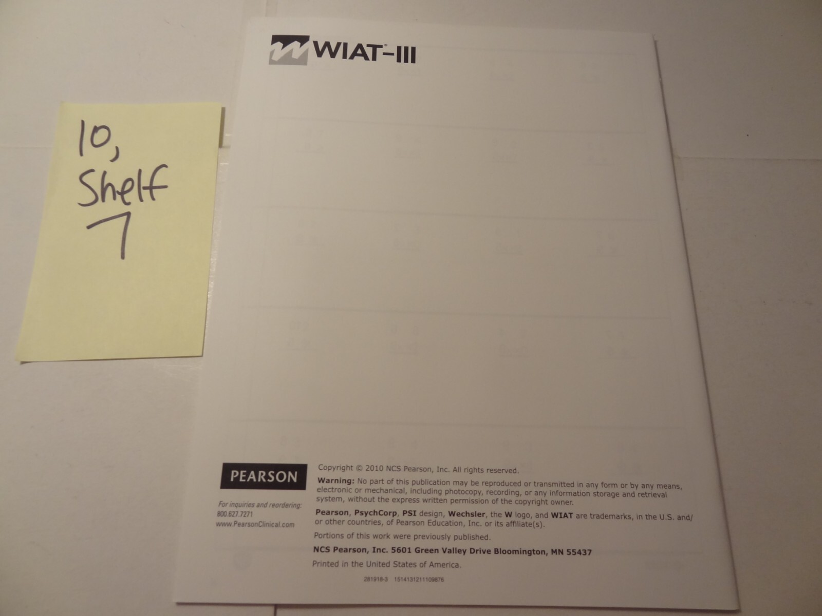 Wechsler Individual Achievement Test WIAT-III Enhanced Response Booklet as Shown