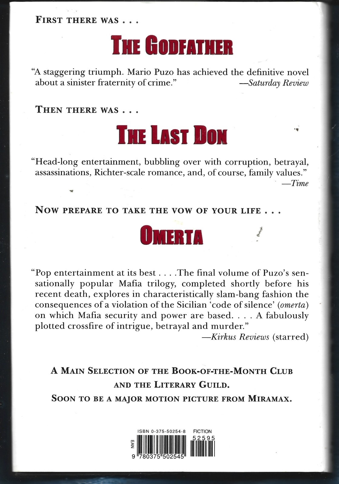 Omerta HB w/unclipped dj-Mario Puzo-2000-1st Edition-317 pages