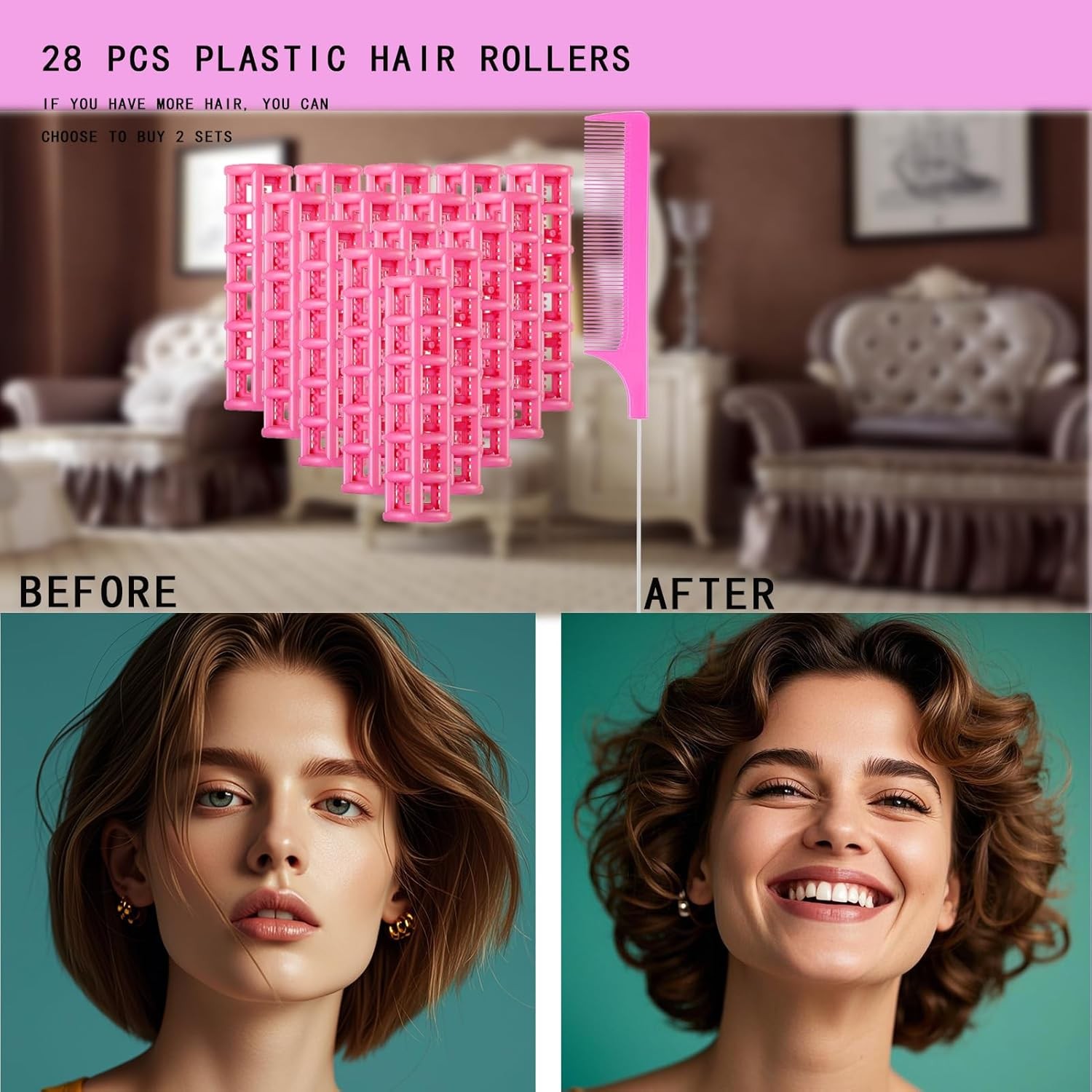 28PCS Self Grip Small Hair Rollers Set, 0.6in Plastic No Heat Small, Pink