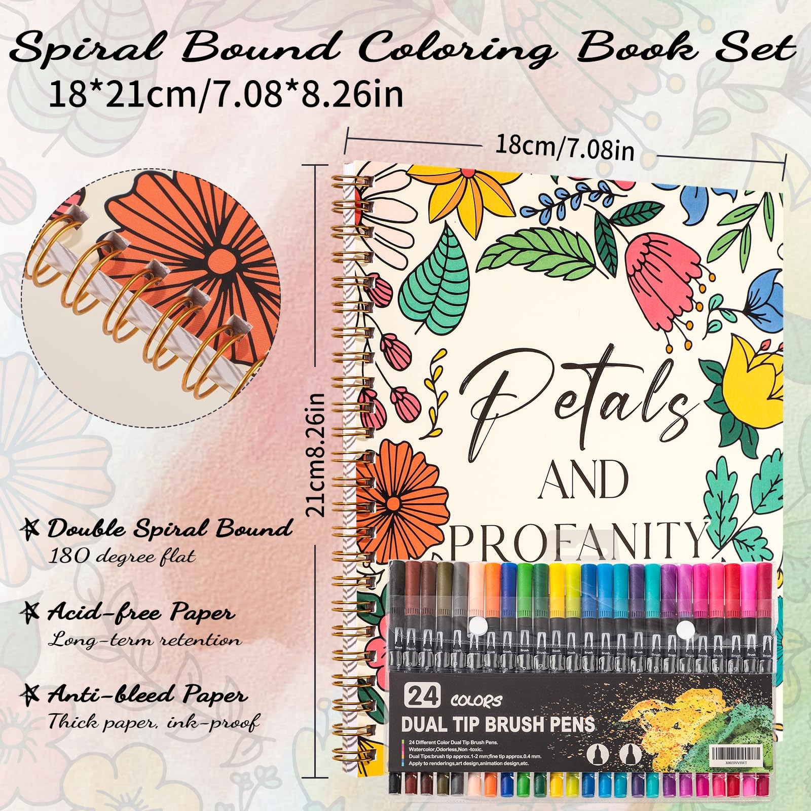 Adult Coloring Book Set, 7 x 8.2 in Spiral Bound, 24 Markers Stress Relief | 32