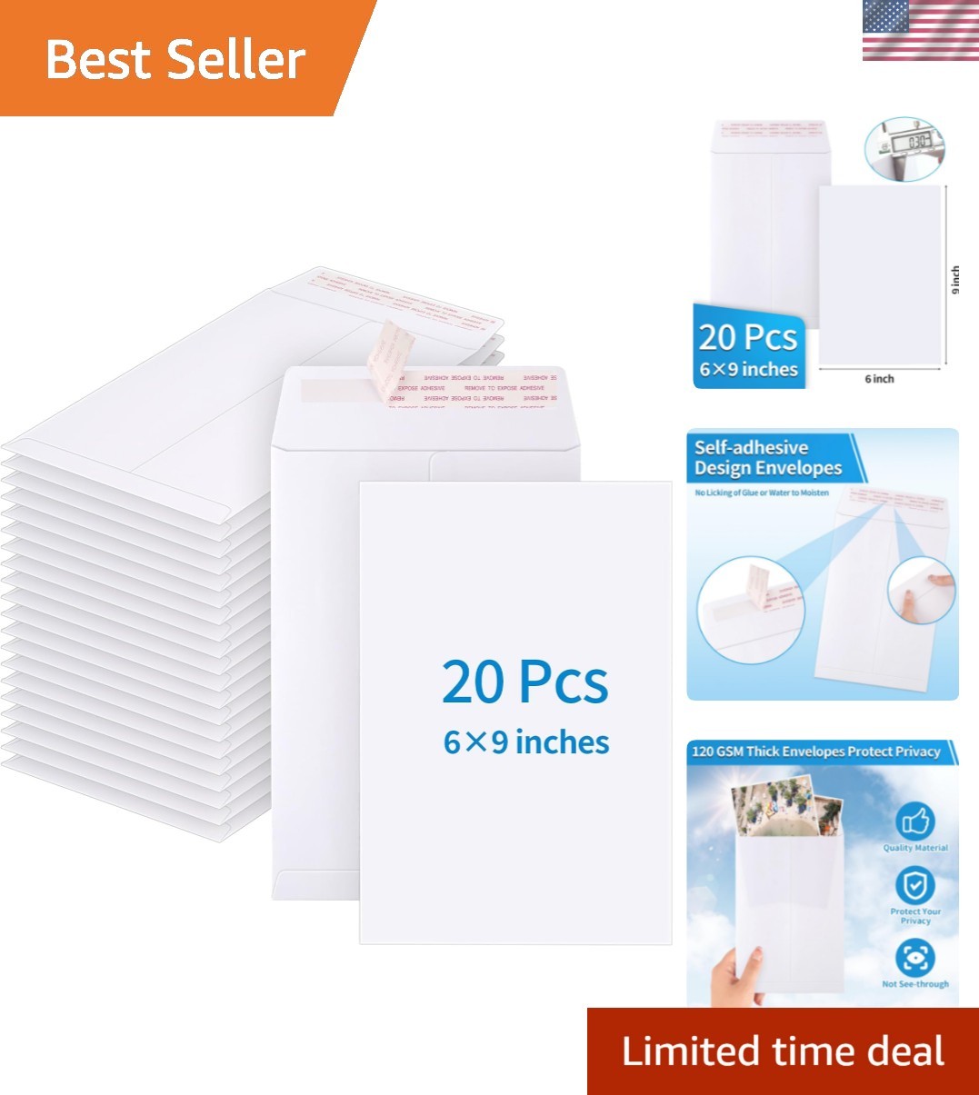 20-Pack Self-Seal White Manila Envelopes 6×9 Inches – Durable and Tear Resistant