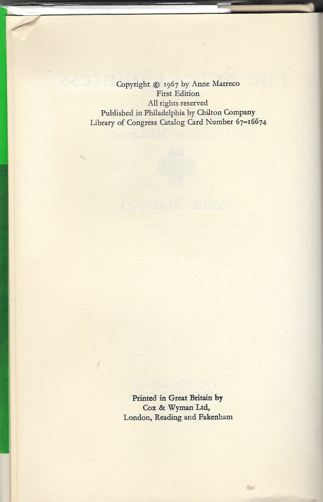 The Rebel Countess by Anne Marreco – 1967 First Edition, HBDJ, Good Condition