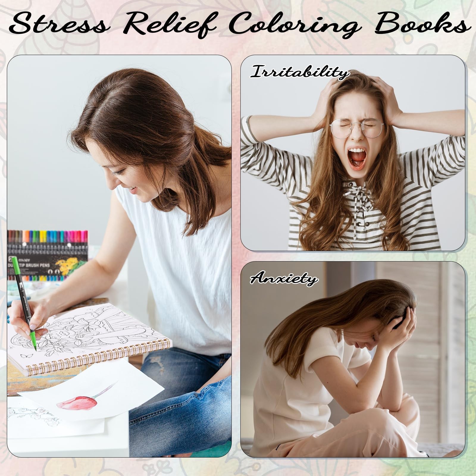 Adult Coloring Book Set, 7 x 8.2 in Spiral Bound, 24 Markers Stress Relief | 32