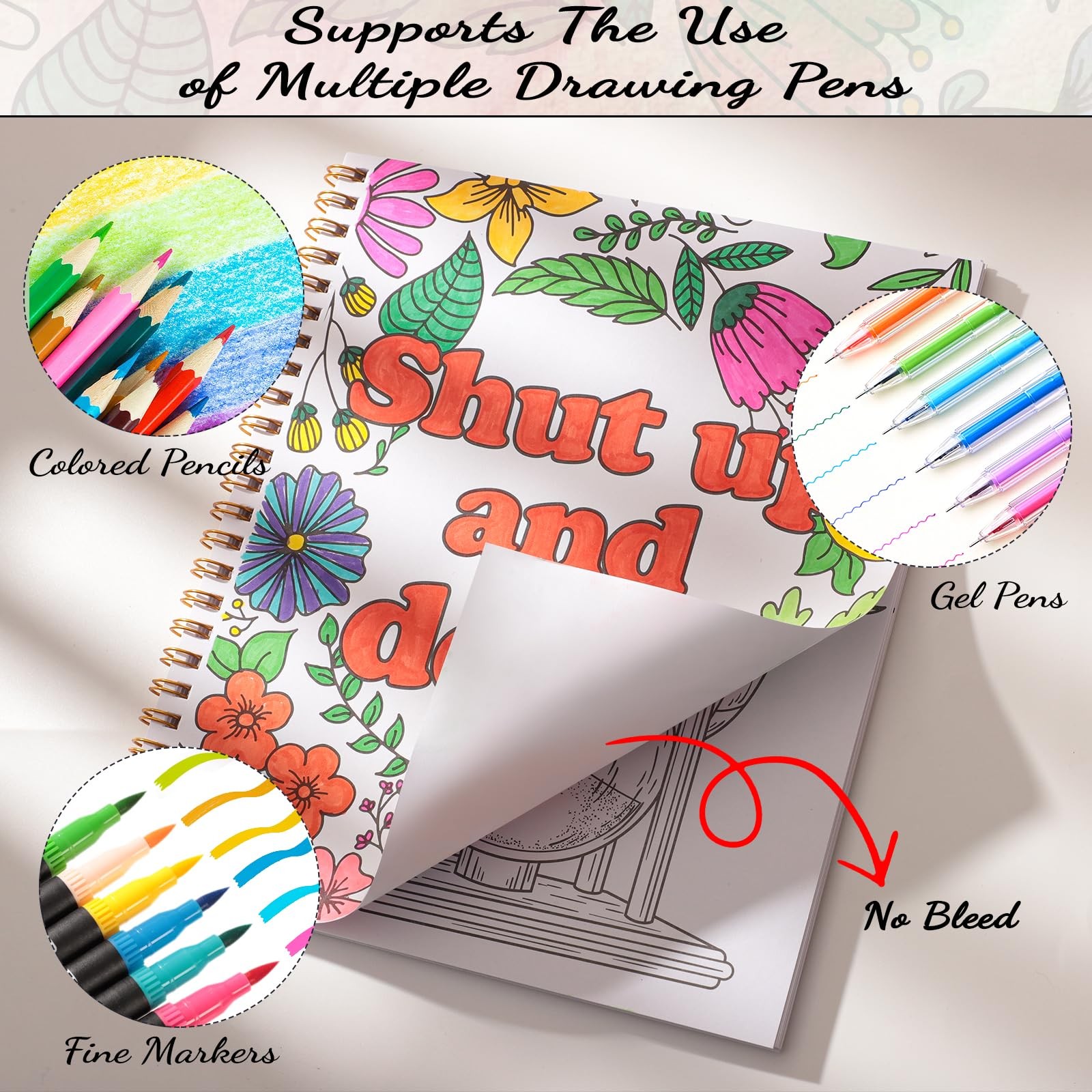Adult Coloring Book Set, 7 x 8.2 in Spiral Bound, 24 Markers Stress Relief | 32