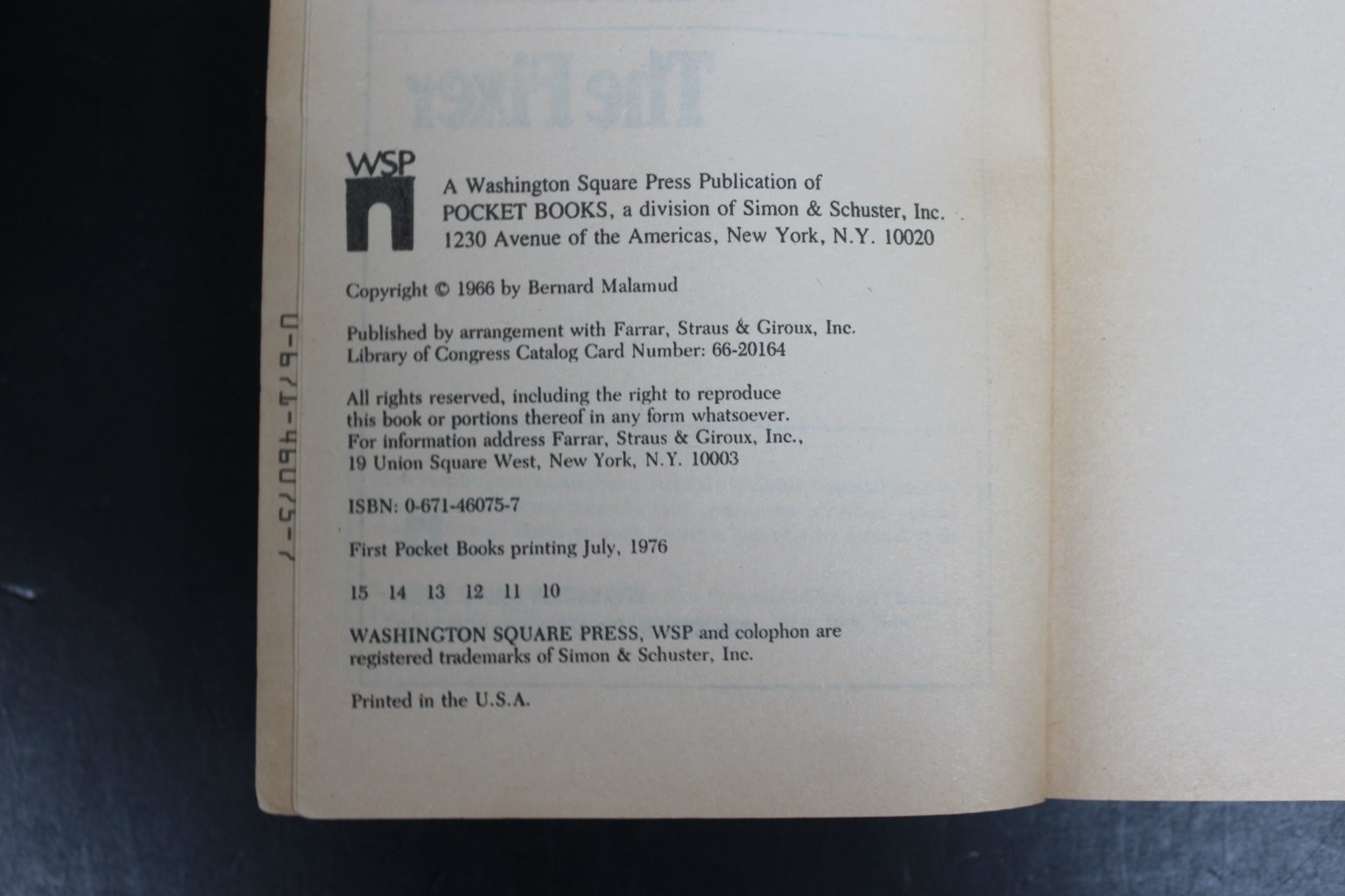 The Fixer Bernard Malamud 1976 Pulitzer Prize Winner Washington Square Press PB