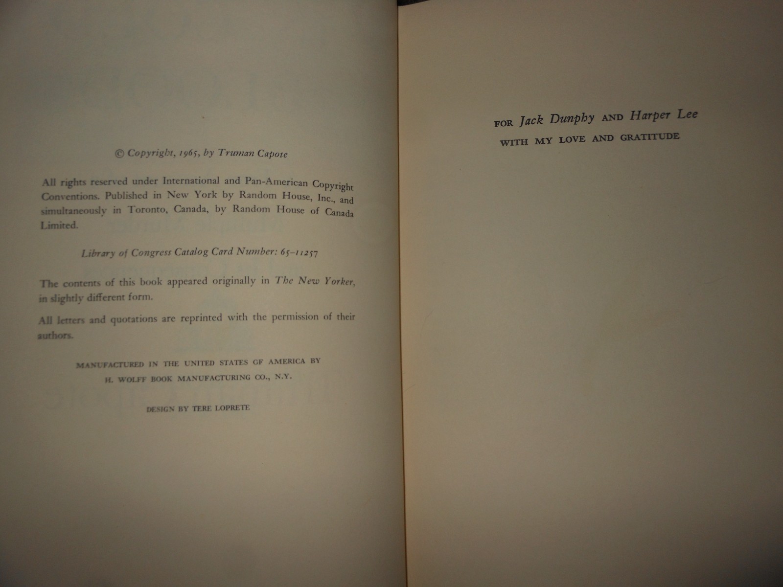IN COLD BLOOD TRUMAN CAPOTE HCDJ FIRST BOOK MONTH CLUB EDITION WOLFF 1965 LINER
