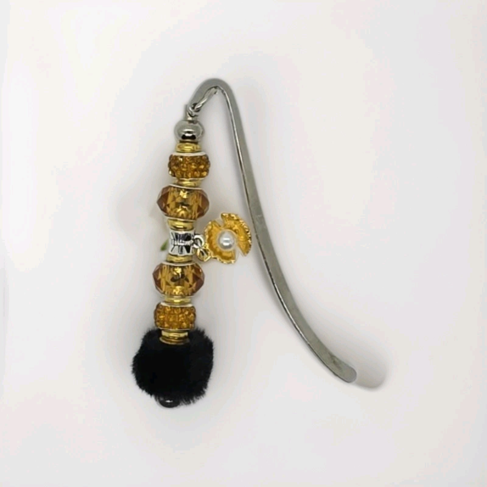 Beaded Bookmark Oranges And Black Faux Fur With Rhinestones 3.4″ In. Long. #17