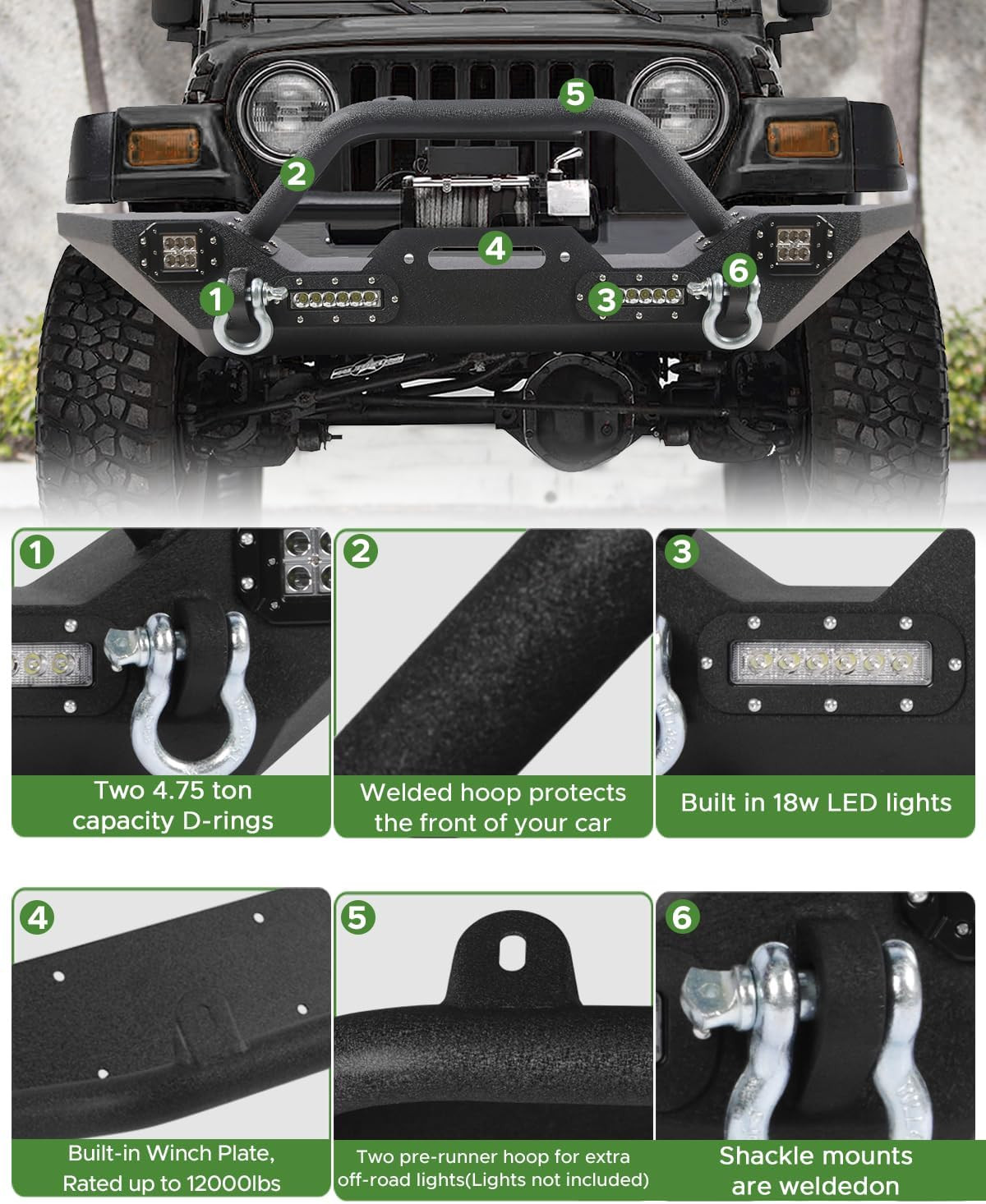 OffRoad Front and Rear Bumper Combo Fits for Jeep Wrangler TJ YJ 1987200 G2U