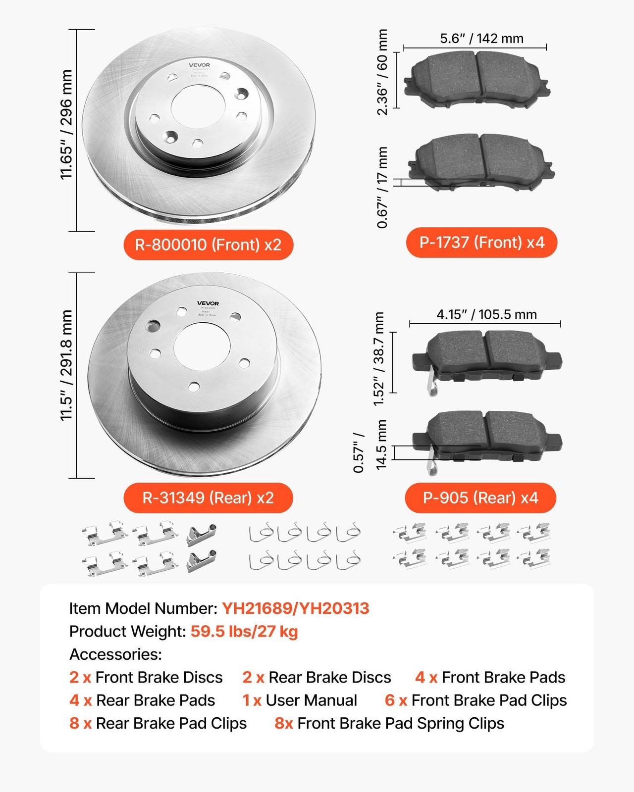 Front&Rear 11.65″ Hollow Rotor Brake Kit with Ceramic Pads 2014-2015 Rogue